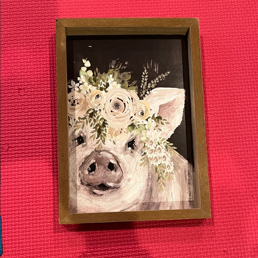 Floral Pig Wall Art in Brown Frame